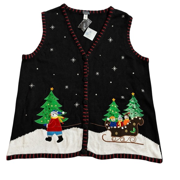 Holiday Editions Sweaters - VTG Holiday Editions Christmas Sweater Vest‎ Embroidered Womens 2XL Snowman Sled